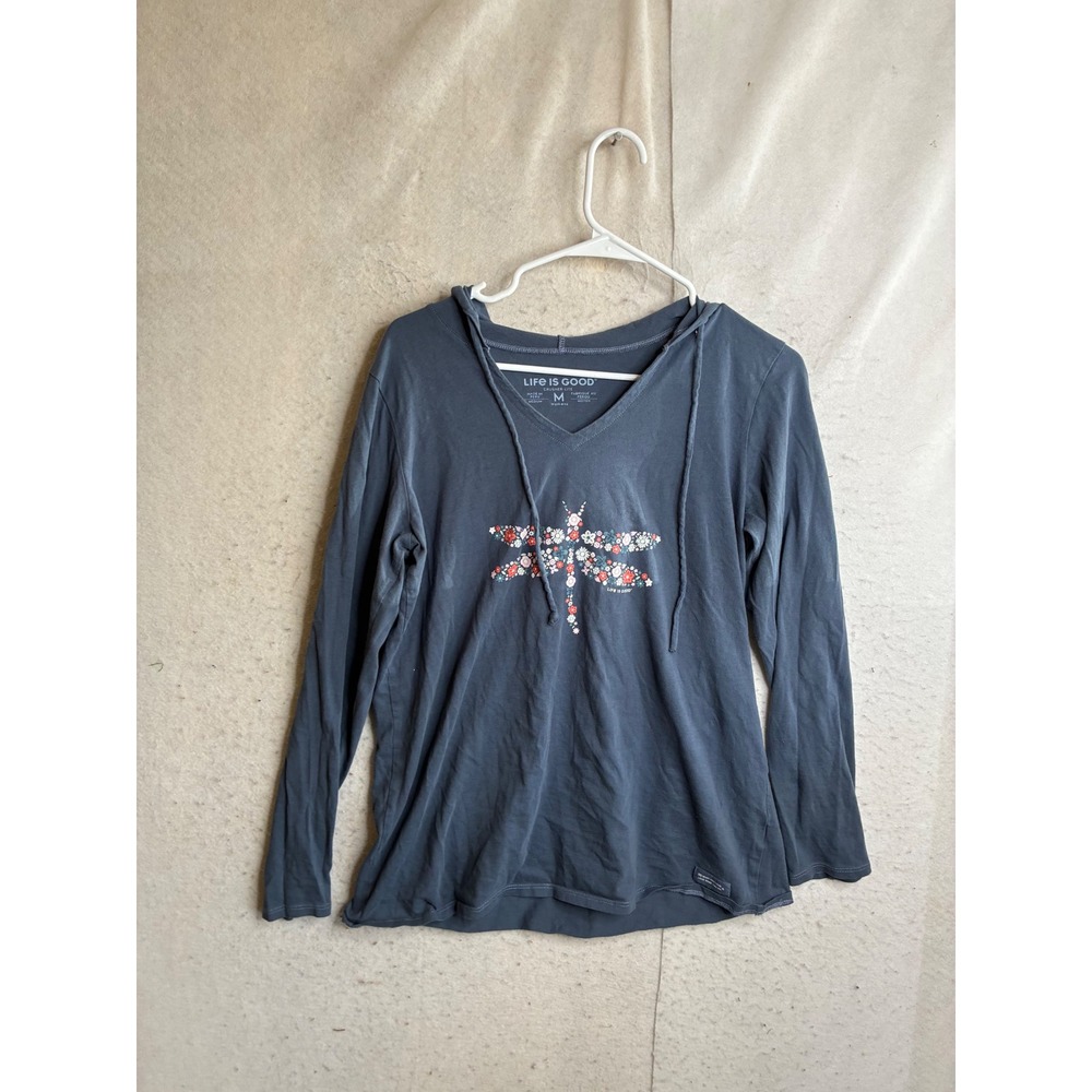 Life is Good Crusher-Lite Hoodie Shirt Womens Medium Blue Floral Dragonfly Top